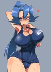  00s 1girl armpits bad_id bad_pixiv_id blue_eyes blue_hair breasts clair_(pokemon) cleavage creatures_(company) curvy female_focus finger_in_own_mouth game_freak grey_background gym_leader hairband heart highres huge_breasts hun_(uyonis) licking long_hair looking_at_viewer matching_hair/eyes name_tag narrow_waist nintendo one-piece_swimsuit pokemon pokemon_hgss ponytail saliva school_swimsuit shirt simple_background solo sweat swimsuit taut_clothes taut_shirt text_focus thick_thighs thighs tongue translated wet wide_hips  rating:Questionable score:383 user:foeevaddr