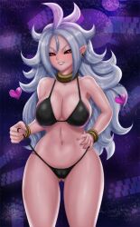  1girl android_21 arc_system_works artist_request bare_shoulders bikini black_bikini black_sclera breasts cameltoe cleavage cleft_of_venus collarbone colored_sclera colored_skin covered_erect_nipples dragon_ball dragon_ball_fighterz earrings female_focus gold_bracelet grin hair_between_eyes hand_on_own_hip heart jewelry large_breasts long_hair looking_at_viewer majin_android_21 pink_skin red_eyes sidelocks smile solo standing swimsuit teeth very_long_hair white_hair 