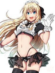  1girl alternate_costume blonde_hair blue_eyes breasts commentary_request goblin_slayer! groin highres kankitukou long_hair looking_at_viewer maid maid_headdress navel open_mouth panties priestess priestess_(goblin_slayer!) revealing_clothes ribbon see-through see-through_skirt skirt small_breasts smile solo stomach striped_clothes striped_panties thighhighs thighs underwear waving  rating:Questionable score:28 user:danbooru