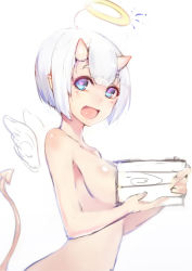  :d breasts ganida_boushoku halo highres horns nude open_mouth simple_background smile tail white_background white_hair wings  rating:Questionable score:8 user:TheJusticeWolf