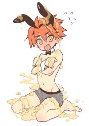 1boy animal_ears ano_hito_no_i_ni_wa_boku_ga_tarinai bee_day blush boxer_briefs bunny_day covering_privates covering_chest dated detached_collar embarrassed fake_animal_ears fake_tail flying_sweatdrops funatsugi_makie grey_boxer_briefs grey_male_underwear honey_day honeybee_day inuzumi looking_at_viewer male_focus male_playboy_bunny male_underwear orange_hair rabbit_ears rabbit_tail signature simple_background sitting solo tail underwear underwear_only wariza wavy_mouth white_background wrist_cuffs yellow_eyes