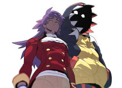  2boys ascot black_hoodie blurry bright_pupils buttons closed_mouth commentary_request creatures_(company) dark-skinned_male dark_skin facial_hair from_below game_freak hands_in_pockets highres hood hood_up hoodie korean_commentary leon_(pokemon) long_hair male_focus multiple_boys nintendo pants pokemon pokemon_swsh purple_hair raihan_(pokemon) redlhzz split_mouth tailcoat white_ascot white_pupils  rating:Sensitive score:4 user:danbooru