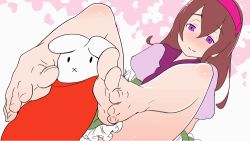  1girl animated animated_gif bare_legs barefoot between_toes brown_hair cookie_(touhou) cum cum_on_body cum_on_lower_body ejaculation feet footjob frills hairband heart ichigo_(cookie) miffy_(character) purple_eyes purple_shirt rabbit sexually_suggestive shirt skirt solo sorry_carl toes upskirt white_background  rating:Explicit score:317 user:danbooru