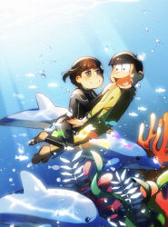 1boy 1girl ahoge air_bubble arms_on_another&#039;s_shoulder barefoot black_wetsuit blush brown_eyes brown_hair bubble carrying carrying_person coral dolphin freediving hetero highres jyushimatsu&#039;s_girlfriend matsuno_jyushimatsu ocean official_alternate_costume official_alternate_hairstyle osomatsu-san osomatsu_(series) ouka_(stan) school_of_fish seaweed smile swimming underwater yellow_wetsuit