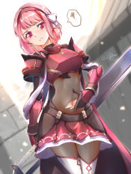  1girl armor belt braid breastplate brown_belt cape clear_glass_(mildmild1311) cowboy_shot fire_emblem fire_emblem_engage grey_hairband hairband highres lapis_(fire_emblem) navel nintendo pink_eyes pink_hair pleated_skirt red_armor red_cape red_hairband red_skirt ribbon shoulder_armor side_braid skirt solo speech_bubble standing torn_clothes two-tone_hairband white_ribbon 