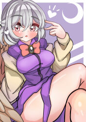  1girl absurdres bare_legs blush bow braid breasts brooch collared_shirt crescent crossed_legs eyes_visible_through_hair french_braid grey_hair hair_between_eyes hand_up heart highres jacket jewelry kishin_sagume kkfri_2525 large_breasts legs long_sleeves nose open_mouth purple_background red_bow red_eyes shirt simple_background sitting skirt solo thighs touhou v white_hair 