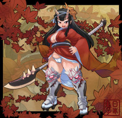  1girl armor autumn_leaves black_hair breasts covered_erect_nipples full_body fundoshi greaves hand_on_own_hip hinomoto_oniko horns japanese_clothes kawacchi_hirohiro large_breasts leaf long_hair long_sleeves mask monster_girl oni open_mouth original plump polearm red_eyes sandals smile solo spear spikes tabi thick_thighs thighs underwear weapon wide_sleeves  rating:Questionable score:46 user:thebatman