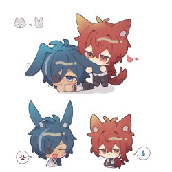  2boys :d ^_^ anger_vein animal_ears antenna_hair bite_mark biting black_necktie black_pants blue_hair chibi cleavage_cutout closed_eyes clothing_cutout collared_shirt commentary_request crossed_arms dark-skinned_male dark_skin diluc_(genshin_impact) ear_biting eyepatch genshin_impact hair_between_eyes hair_intakes hair_over_shoulder heart holding_ear jitome kaeya_(genshin_impact) koma_(km_mmmk) long_hair long_sleeves low_ponytail lying male_focus multicolored_hair multiple_boys necktie on_stomach one_eye_covered open_mouth pants parted_bangs ponytail rabbit rabbit_boy rabbit_ears red_eyes red_hair shirt sidelocks simple_background smile speech_bubble spoken_anger_vein spoken_sweatdrop standing streaked_hair sweatdrop swept_bangs tail vest white_background white_shirt white_vest wolf wolf_boy wolf_ears wolf_tail 