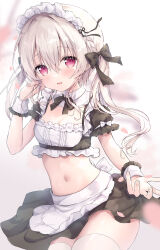  1girl amedamacon apron black_bow black_skirt blurry blurry_background blurry_foreground blush bow braid breasts cleavage commentary_request depth_of_field frilled_apron frills grey_hair hair_between_eyes hair_bow hand_up highres long_hair looking_at_viewer maid navel original parted_lips petals puffy_short_sleeves puffy_sleeves purple_eyes short_sleeves skirt small_breasts smile solo thighhighs twintails waist_apron white_apron white_thighhighs wrist_cuffs 