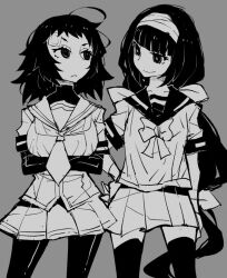 2girls bandaid bandaid_on_face character_request copyright_request crossed_arms dowman_sayman long_hair monochrome multiple_girls school_uniform thighhighs