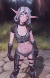  1girl armor artist_name black_thighhighs boots braid breasts brown_gloves closed_mouth colored_skin elf feet_out_of_frame gloves grey_eyes grey_hair highres looking_at_viewer navel night_elf_(warcraft) outdoors personal_ami pink_skin pointy_ears shadow short_sleeves small_breasts solo standing thigh_armor thighhighs thighhighs_under_boots twin_braids warcraft world_of_warcraft  rating:Sensitive score:91 user:danbooru