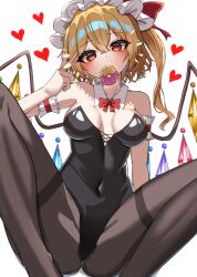  1girl absurdres alternate_costume arm_behind_back arm_garter bare_shoulders black_leotard blonde_hair blush bow bowtie breasts covered_navel crystal detached_collar fang flandre_scarlet food_in_mouth hair_between_eyes hand_up hat hat_bow head_tilt heart highres kiui_(dagk8254) knees_up leotard looking_at_viewer medium_breasts medium_hair mouth_hold pantyhose red_bow red_bowtie red_eyes side_ponytail skin_fang skin_tight solo spread_legs strapless strapless_leotard touhou v_over_eye wings 