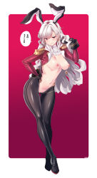  1girl animal_ears black_gloves black_legwear blush breasts center_opening cleavage cofepig earrings epaulettes fake_animal_ears gloves hand_on_own_hip highres jewelry linked_piercing long_hair meme_attire navel nipple_piercing nipples no_bra open_clothes piercing purple_eyes pussy pussy_piercing rabbit_ears reverse_bunnysuit reverse_outfit silver_hair solo translation_request uncensored 