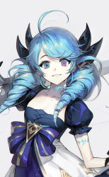 1girl ahoge blue_eyes blue_hair breasts cleavage collarbone cropped drill_hair frills glint grey_background gwen_(league_of_legends) highres league_of_legends light_blue_hair long_hair looking_at_viewer over_shoulder parted_lips puffy_sleeves purple_pupils scar scar_on_arm scar_on_neck simple_background smile solo soyoong_jun striped symbol-shaped_pupils twintails x-shaped_pupils rating:Sensitive score:23 user:danbooru