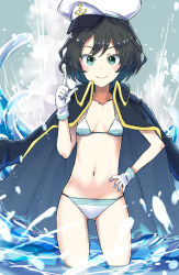  1girl anchor_print anchor_symbol bikini black_coat black_hair breasts closed_mouth coat collarbone commentary_request cowboy_shot double-parted_bangs elbow_gloves gloves gluteal_fold green_eyes hand_on_own_hip hat highres jack_(wkm74959) light_blush looking_at_viewer murasa_minamitsu navel open_clothes open_coat pointing pointing_up sailor_hat short_hair skinny small_breasts smile solo splashing standing striped_bikini striped_clothes swimsuit touhou wading waves white_bikini white_hat 