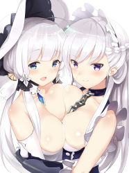 2girls :d ahoge azur_lane bad_id bad_pixiv_id bare_shoulders belfast_(azur_lane) bell bell_(oppore_coppore) between_breasts black_collar black_dress blue_eyes blunt_bangs blush braid breast_press breasts chain cleavage closed_mouth collar collarbone commentary_request crystal detached_collar dress elbow_gloves french_braid gauntlets gloves hair_bell hair_ornament hat highres hug illustrious_(azur_lane) large_breasts long_hair looking_at_viewer looking_to_the_side maid maid_headdress mole mole_under_eye multiple_girls open_mouth purple_eyes shiny_skin sidelocks silver_hair sleeveless sleeveless_dress smile strapless strapless_dress sun_hat symmetrical_docking tareme tsurime upper_body white_background white_dress white_gloves white_hat rating:Sensitive score:23 user:danbooru