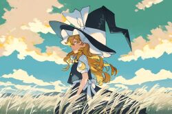  1girl blonde_hair cloud cloudy_sky cowboy_shot expressionless field floating_hair frills hat highres kirisame_marisa landscape long_hair looking_afar natsume_(menthol) outdoors profile scenery sky solo touhou twitter_username witch_hat yellow_eyes 