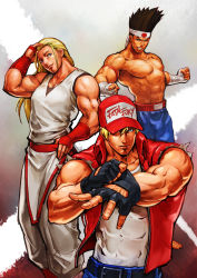  3boys abs andy_bogard bandaged_arm bandages bare_shoulders baseball_cap belt black_belt black_gloves blonde_hair blue_pants brown_hair denim fatal_fury fingerless_gloves fingernails gloves grin hair_between_eyes hair_up hand_on_own_hip hand_on_own_head hat headband jacket jeans joe_higashi lips long_hair looking_at_viewer male_focus manly multiple_boys muscular pants pectorals ponytail red_headwear red_jacket shirt simulex sleeveless sleeveless_jacket sleeveless_shirt smile snk terry_bogard the_king_of_fighters topless_male vest white_pants white_shirt 