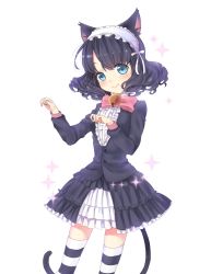 10s 1girl :d animal_ears bad_id bad_pixiv_id bell black_hair blue_eyes blush bow cat_ears cat_tail curly_hair cyan_(show_by_rock!!) dress fang fang_out frilled_dress frilled_skirt frills hair_ornament happy hidari_(coletica) highres jingle_bell looking_at_viewer open_mouth pink_bow show_by_rock!! simple_background skirt smile solo standing striped_clothes striped_thighhighs tail thighhighs thighs white_background