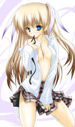  1girl blonde_hair blue_eyes breasts cleavage daiki kneeling little_busters! long_hair mouth_hold open_clothes open_shirt plaid plaid_skirt shirt skirt small_breasts socks solo tokido_saya twintails  rating:Sensitive score:11 user:danbooru