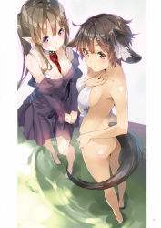  2girls animal_ears arm_between_breasts ass barefoot between_breasts bow bowtie breasts brown_eyes brown_hair covering_privates dress elbia_hernaiman elf foreshortening hand_on_own_chest highres jewelry legs long_hair multiple_girls myucel_foalan nude nude_cover off-shoulder_dress off_shoulder outbreak_company pointy_ears purple_eyes short_hair sidelocks standing tail towel twintails yuugen 