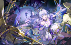  1girl aqua_eyes asymmetrical_gloves bare_shoulders bird bracelet detached_sleeves dress earrings floating_hair gloves hair_between_eyes halo hand_on_own_chest hand_up head_wings highres honkai:_star_rail honkai_(series) jewelry long_hair looking_at_viewer musical_note open_mouth purple_dress qmthtdy robin_(honkai:_star_rail) short_sleeves smile solo two-tone_dress uneven_gloves white_dress white_gloves white_wings wings 