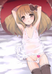  1boy androgynous arms_up bad_id bad_pixiv_id bow brown_eyes brown_hair censored chemise crossdressing hair_bow indoors long_hair lying male_focus nemunemu_(candy_paddle) nipples on_back original panties penis penis_in_panties pillow see-through shota small_penis solo thighhighs trap underwear  rating:Explicit score:118 user:blues