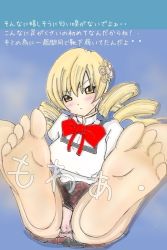  1girl artist_request barefoot blonde_hair blush drill_hair feet foot_focus hair_ornament long_hair mahou_shoujo_madoka_magica panties pink_panties smell smelling soles steam toes tomoe_mami translated underwear upskirt yellow_eyes  rating:Questionable score:50 user:ssfl