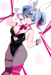 1girl :d absurdres animal_ears bare_shoulders black_eyes black_leotard black_nails black_pantyhose blue_hair bound bound_legs bow bowtie breasts cleavage clothing_cutout detached_collar dutch_angle fake_animal_ears feet_out_of_frame grin hair_intakes hatsune_miku heart heart-shaped_pupils heart_cutout highleg highleg_leotard highres large_breasts leotard looking_at_viewer mindoll multicolored_hair nail_polish open_mouth pantyhose pink_hair playboy_bunny rabbit_ears rabbit_hole_(vocaloid) red_bow red_bowtie ribbon ribbon_bondage short_hair short_twintails simple_background smile solo spaghetti_strap stomach_cutout symbol-shaped_pupils teardrop_facial_mark teeth twintails two-tone_hair vocaloid white_background  rating:Sensitive score:20 user:danbooru