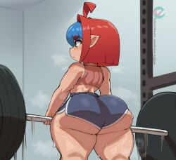  1girl absurdres ahoge ass blue_hair exercising facing_ahead from_behind green_eyes gym_shorts highres huge_ass multicolored_hair neo_hajime pointy_ears red_hair short_hair shorts shortstack solo sports_bra steaming_body sweat thick_thighs thighs two-tone_hair weightlifting wide_hips  rating:Sensitive score:72 user:Cubone44