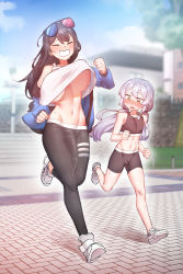  1boy 1futa black_hair black_legwear bouncing_breasts breasts bulge embarrassed erection erection_under_clothes futa_with_male futanari highres howcow_(vtuber) huge_penis indie_virtual_youtuber large_breasts large_penis looking_at_penis otonashi_(otonashi5959) penis penis_awe penis_size_difference running shorts silver_hair small_penis tongkkangi tongkkangi_(streamer) trap underboob virtual_youtuber  rating:Explicit score:488 user:buster2222