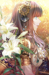1girl aqua_eyes arm_belt ascot brown_hair cardia_beckford code:realize dress flower gear_hair_ornament highres lily_(flower) long_hair looking_to_the_side neoromansu5 profile ribbon solo upper_body white_ascot yellow_background rating:Sensitive score:4 user:danbooru