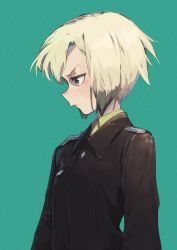  1girl angry black_shirt blonde_hair blue_eyes erica_hartmann highres multicolored_hair shiratama_(hockey) shirt simple_background solo streaked_hair strike_witches world_witches_series  rating:General score:5 user:danbooru