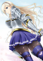  10s 1girl absurdres armor black_pantyhose blonde_hair blue_eyes boobplate boots breastplate breasts celia_kumani_entory drill_hair female_focus from_behind from_below gauntlets hairband highres long_hair looking_back no.gomensu pantyhose pauldrons petals shoulder_armor skirt solo thigh_boots thighhighs walkure_romanze  rating:Sensitive score:49 user:danbooru