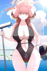  1girl absurdres alternate_costume aru_(blue_archive) bare_arms bare_shoulders black_one-piece_swimsuit blue_archive blue_sky breasts broom brown_hair bucket casual_one-piece_swimsuit center_opening cleavage closed_mouth cloud collarbone cowboy_shot dated_commentary day gluteal_fold halo hand_on_own_hip highleg highleg_swimsuit highres holding holding_broom hose large_breasts long_hair looking_at_viewer mole mole_on_breast navel one-piece_swimsuit outdoors pink_hair pool redrawn revision ryeon_(bluetom1) sky smile smug solo swimsuit thigh_gap very_long_hair wide_hips 