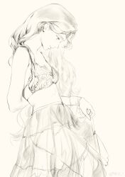  1girl absurdres arm_behind_back bra breasts cleavage closed_mouth collarbone cowboy_shot from_side greyscale highres long_hair looking_down moaomao_mo monochrome original simple_background sketch sleeveless small_breasts smile solo standing underwear unfinished 