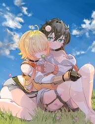  2girls absurdres ahoge black_gloves black_hair blonde_hair blush breasts candy clothing_cutout collared_shirt crop_top cropped_sweater day elegg_(nikke) exposed_pocket food gloves goddess_of_victory:_nikke grass green_eyes grey_shorts hair_intakes hair_ornament hair_over_eyes highres holding_candy holding_food holding_lollipop hug jacket kamaboko lollipop long_bangs long_hair long_sleeves medium_breasts micro_shorts multicolored_clothes multicolored_gloves multicolored_hair multicolored_jacket multiple_girls narutomaki off-shoulder_shirt off_shoulder orange_jacket outdoors plump shirt short_hair shorts shoulder_cutout sitting sky suicapenginm suspender_shorts suspenders thigh_strap thighs trony_(nikke) two-tone_hair two-tone_jacket white_jacket white_shirt yellow_gloves  rating:Sensitive score:11 user:Leksa