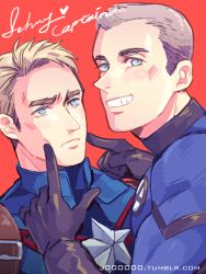 2boys actor_connection animification blonde_hair blue_eyes captain_america captain_america_(series) character_name chris_evans creator_connection cursive eyebrows fantastic_four frown gloves grin jo_(artist) johnny_storm looking_at_viewer male_focus marvel multiple_boys red_background simple_background smile steve_rogers superhero_costume