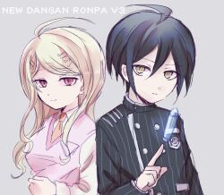  1boy 1girl ahoge akamatsu_kaede black_hair black_jacket black_sleeves blonde_hair breasts bullet buttons clenched_hand closed_mouth collared_jacket collared_shirt commentary_request copyright_name crest danganronpa_(series) danganronpa_v3:_killing_harmony double-breasted expressionless eyelashes fortissimo grey_background hair_between_eyes hair_ornament ibara_(yumekui317) jacket large_breasts layered_sleeves long_hair long_sleeves looking_at_viewer musical_note musical_note_hair_ornament pink_eyes pink_vest pinstripe_jacket pinstripe_pattern pocket pointing saihara_shuichi shirt short_hair sidelocks simple_background upper_body v-neck vertical-striped_sleeves vest wavy_hair white_shirt white_sleeves yellow_eyes 