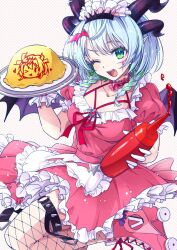  1girl apricot_the_lich apron artist_name bat_hair_ornament black_horns braid breasts collar collarbone dress facial_mark fishnet_thighhighs fishnets food frilled_collar frilled_dress frills green_hair grey_hair hair_ornament highres holding holding_tray horns ketchup_bottle maid_headdress multicolored_hair omelet omurice open_mouth pink_dress pointy_ears roller_skates saraemiii_en skates solo spiked_thighlet star_(symbol) streaked_hair teeth thighhighs tray twin_braids upper_teeth_only virtual_youtuber vshojo waist_apron waitress white_apron 