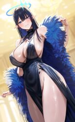  1girl absurdres alternate_costume armpits black_dress black_hair blue_archive blue_eyes blue_hair blush breasts colored_inner_hair covered_erect_nipples covered_navel dress groin halo highres large_breasts looking_at_viewer multicolored_hair nicky_w pelvic_curtain pointy_ears revealing_clothes rin_(blue_archive) sideboob solo straight_hair two-tone_hair 