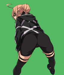 1girl ahoge artoria_pendragon_(fate) ass bent_over bike_shorts black-framed_eyewear blonde_hair braid fate/grand_order fate_(series) french_braid from_behind fu-ta garter_straps glasses green_background jacket looking_to_the_side mysterious_heroine_x_alter_(fate) mysterious_heroine_x_alter_(second_ascension)_(fate) semi-rimless_eyewear simple_background solo thighhighs under-rim_eyewear yellow_eyes rating:Sensitive score:61 user:danbooru