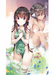  2girls ;) areola_slip bathing breasts brown_eyes brown_hair character_request collarbone convenient_censoring covering_privates dark_areolae elbia_hernaiman hair_between_eyes hand_on_own_chest highres looking_at_viewer medium_breasts multiple_girls nude_cover one_eye_closed outbreak_company purple_eyes sitting smile steam steam_censor towel wading wet wet_hair yuugen 