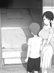 1boy 1girl bad_id bad_twitter_id bed_sheet blouse blush breasts commentary_request electric_fan greyscale holding_hands indoors large_breasts long_hair looking_at_another monochrome on_floor original pillow shinjiro shirt sliding_doors smile standing tagme tatami wooden_floor rating:Sensitive score:100 user:danbooru