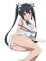 1girl :q armpits ass black_hair blue_bow blue_eyes blush bow bowtie breasts cameltoe cleavage cleavage_cutout clothing_cutout dress dungeon_ni_deai_wo_motomeru_no_wa_machigatteiru_darou_ka female_focus gloves groin hair_between_eyes hestia_(danmachi) highres large_breasts legs long_hair long_twintails looking_at_viewer lying naughty_face on_side panties pantyshot side_slit sidelocks silver_meteor simple_background smile solo sweat thighs tongue tongue_out twintails underwear white_background white_gloves rating:Questionable score:134 user:Kentabarou