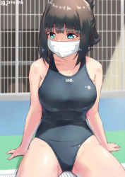  1girl bare_arms bare_shoulders black_hair black_one-piece_swimsuit blue_eyes blush breasts collarbone commentary_request competition_swimsuit day fence folded_ponytail gridman_universe hassu highres jonsun large_breasts long_hair looking_away looking_to_the_side mask mouth_mask on_floor one-piece_swimsuit outdoors sidelocks sitting solo ssss.gridman swimsuit thighs  rating:Sensitive score:54 user:danbooru