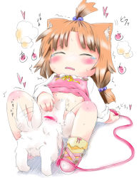 1girl animal_ears bestiality blush brown_hair cat_ears closed_eyes cunnilingus dog hair_bobbles hair_ornament hand_on_another&#039;s_head headpat highres leash loli oral sweat tail tail_wagging tears rating:Explicit score:87 user:Kimmi