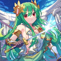  1girl ancient_greek_clothes armlet athena_(p&amp;d) breasts cleavage gauntlets greco-roman_clothes green_hair hair_ornament highres kuuron_(moesann17) long_hair medium_breasts puzzle_&amp;_dragons red_eyes sideboob solo stone_pillar sword weapon 