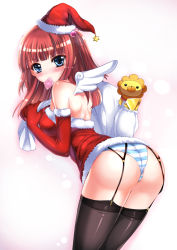 1girl angel_wings arched_back ass backless_outfit bare_back bare_shoulders black_thighhighs blue_eyes blush breasts christmas condom condom_in_mouth elbow_gloves eyebrows garter_straps gloves hat highres large_breasts leaning_forward looking_back mouth_hold orange_hair panties red_gloves sadakofxe sakutarou_(umineko) santa_costume santa_hat short_hair solo striped_clothes striped_panties thighhighs twintails two_side_up umineko_no_naku_koro_ni underwear ushiromiya_ange wings rating:Sensitive score:57 user:danbooru