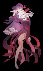  2girls barefoot black_background body_markings breasts bright_pupils dark_sakura dress dual_persona facial_mark fate/stay_night fate_(series) heaven&#039;s_feel large_breasts long_hair looking_at_viewer matou_sakura multiple_girls purple_dress purple_eyes purple_hair red_eyes ro96cu short_hair striped_clothes striped_dress time_paradox white_hair white_pupils 
